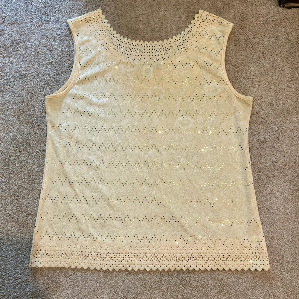 Cream Eyelet Lace Tank Top Scalloped Hem Sequin Detail Boho Feminine L - Picture 5 of 7
